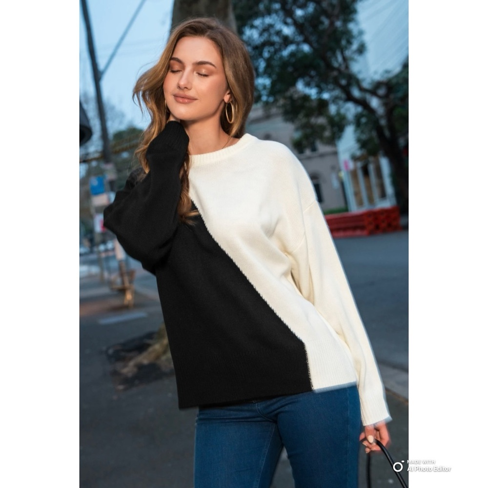 Cupshe Cream & Black Asymmetrical Colorblock Sweater Size Large NWT